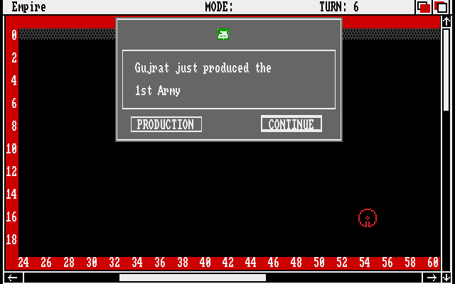 Empire: Wargame of the Century (Amiga) screenshot: The city of Gujrat has produced the 1st Army