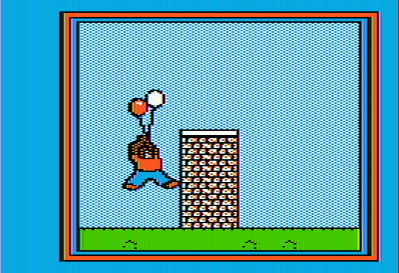 Stickybear: Math (Apple II) screenshot: 2 balloons also aren't enough for Stickybear to get over the wall!