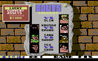 Sgt Slaughter's Mat Wars (Commodore 64) screenshot: Bouts of the day and pre-fight options