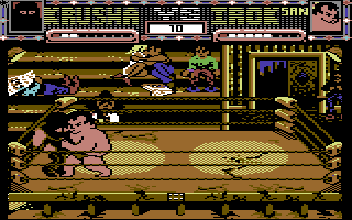 Sgt Slaughter's Mat Wars (Commodore 64) screenshot: Krusha takes on a Sumo wrestler in match two