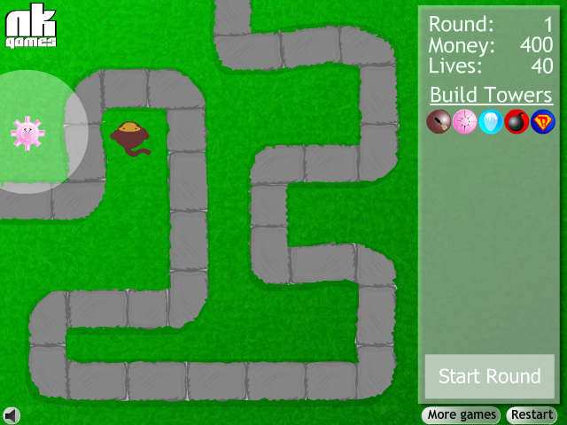 Bloons Tower Defense (Browser) screenshot: Setting up the towers