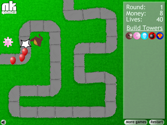Bloons Tower Defense (Browser) screenshot: Popping red bloons
