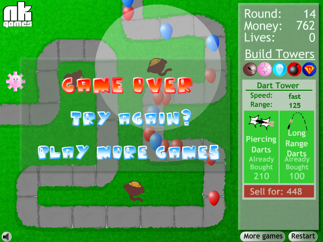 Bloons Tower Defense (Browser) screenshot: Game Over