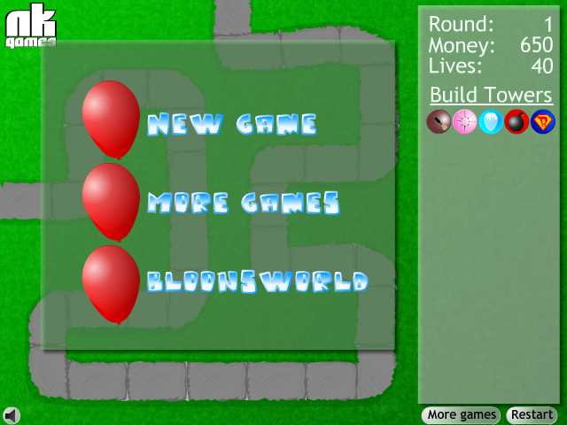 Bloons Tower Defense (Browser) screenshot: Menu