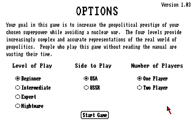 Balance of Power (Amiga) screenshot: Game options