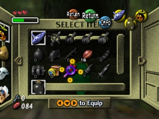 The Legend of Zelda: Majora's Mask (Nintendo 64) screenshot: A large inventory with all kinds of nifty items accumulated
