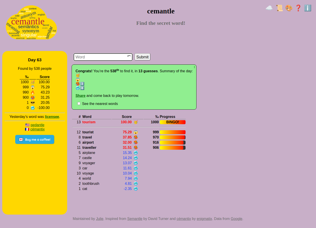 Cemantle (Browser) screenshot: Success! Found the mystery word