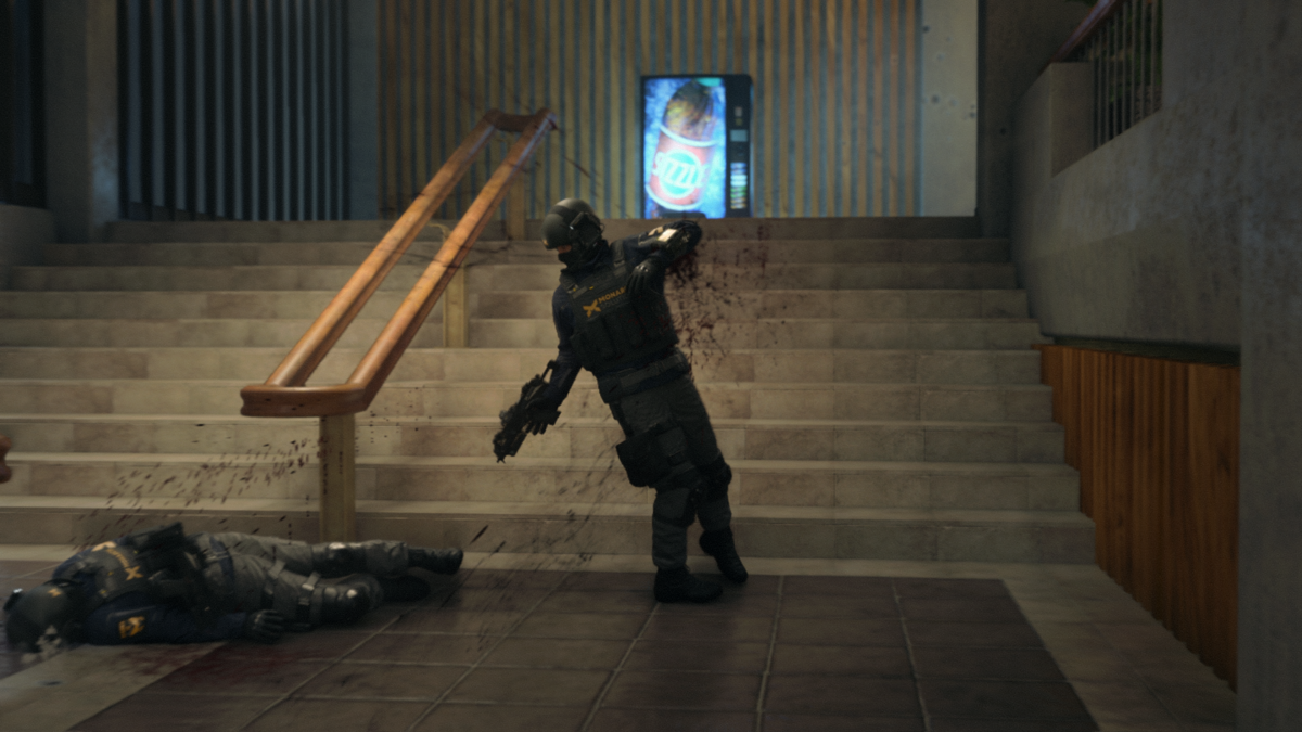 Quantum Break (Windows) screenshot: The last enemy in combat falls in cinematic slow-mo