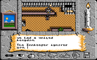 Times of Lore (Amiga) screenshot: The innkeeper ignores me! Probably because I just killed one of his patrons.