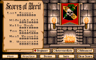 Beyond Dark Castle (Amiga) screenshot: High scores and game select screen