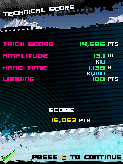 Avalanche Snowboarding (J2ME) screenshot: Getting a score after the race