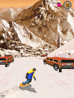 Avalanche Snowboarding (J2ME) screenshot: Lots of cars around here...