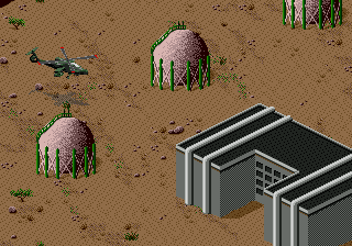 Desert Strike: Return to the Gulf (Genesis) screenshot: Level 2 - Chemical weapons plant.