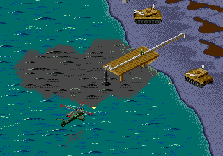 Desert Strike: Return to the Gulf (Genesis) screenshot: Level 4 - The enemy is spilling oil out into the ocean.