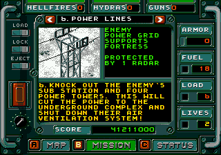 Jungle Strike (Genesis) screenshot: You can get info on parts of the mission from the map screen.
