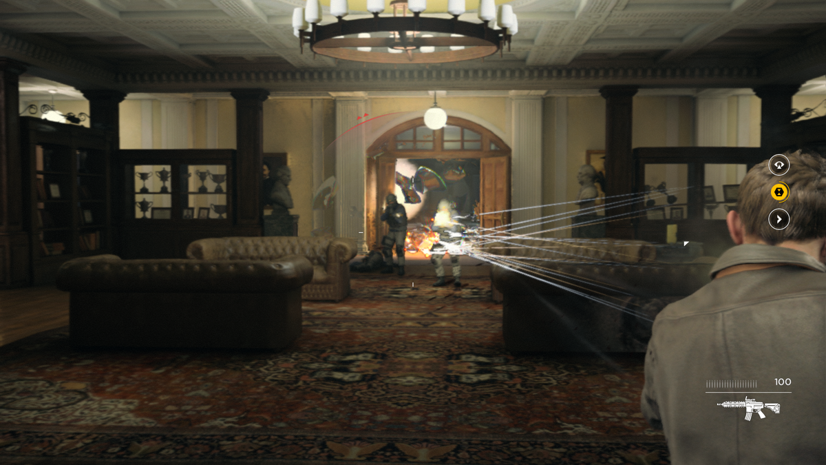 Quantum Break (Windows) screenshot: Freezing enemies in time and pouring bullets into them
