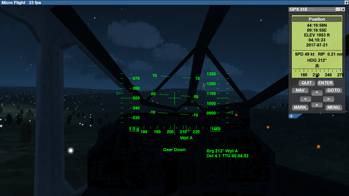Micro Flight (Windows) screenshot: Flying a Soviet military chopper over some quiet city.