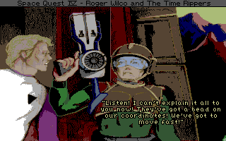 Space Quest IV: Roger Wilco and the Time Rippers (Amiga) screenshot: Intro: Roger is saved by the Time Rippers.