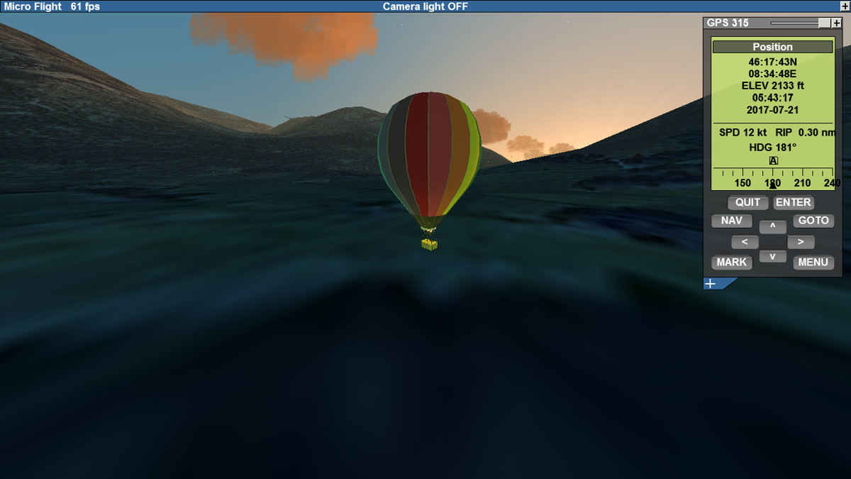 Micro Flight (Windows) screenshot: Can we make it in our balloon over the Alps? (not within the demo version's time limit, probably!)
