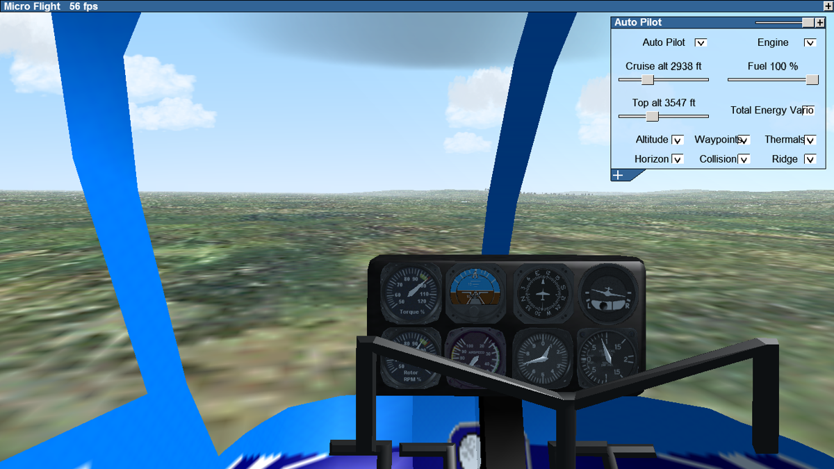 Micro Flight (Windows) screenshot: Flying a helicopter, with the help of the autopilot