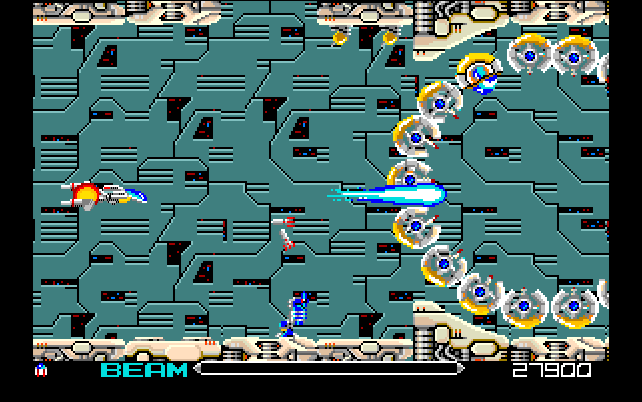 R-Type (PC-88) screenshot: Firing the large beam shot to weaken enemies ahead