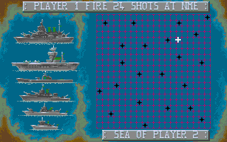 Battleship (Amiga) screenshot: Placing shots to try and find the enemy fleet.