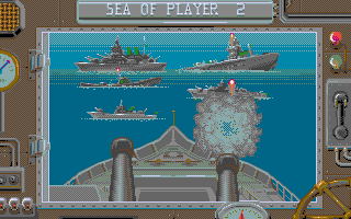 Battleship (Amiga) screenshot: Firing at the enemy fleet.