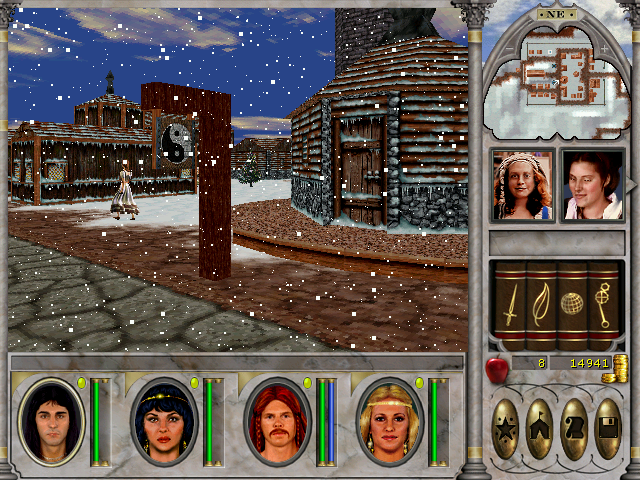 Might and Magic VI: The Mandate of Heaven (Windows) screenshot: No fantasy RPG is complete without a snowy area. Here, there is a whole snowy town. Note the yin-yang symbol and the girl - isn't she cold?..