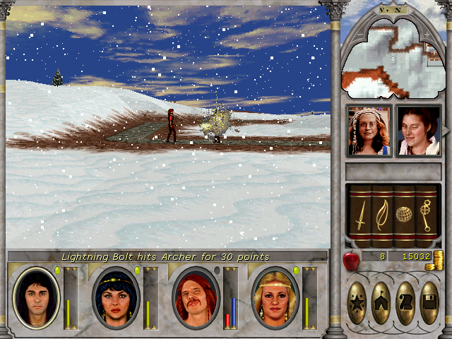 Might and Magic VI: The Mandate of Heaven (Windows) screenshot: My Archer casts Lightning Bolt, a moderate-level Air spell, on an enemy wandering the snow plains. Look at his smug expression!