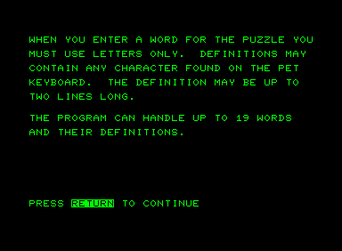 Crossword Puzzle (Commodore PET/CBM) screenshot: There's a 19 word cap