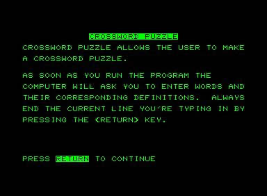 Crossword Puzzle (Commodore PET/CBM) screenshot: Instructions page 1