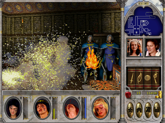 Might and Magic VI: The Mandate of Heaven (Windows) screenshot: Uh-oh... This doesn't look good. People are casting all sorts of magic on me, plus those swordsmen hack me to death. Note the visual agony of my dying party!