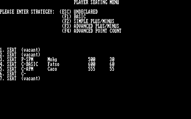 Ken Uston's Professional Blackjack (DOS) screenshot: Each computer player can be assigned a card counting strategy (CGA)