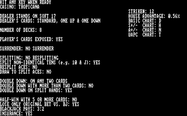 Ken Uston's Professional Blackjack (DOS) screenshot: Review the house rules... in detail! (CGA)