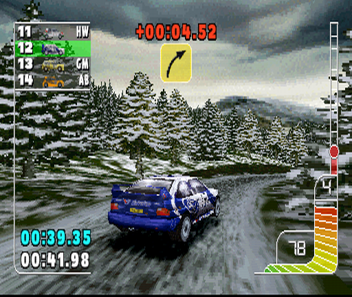 Colin McRae Rally (PlayStation) screenshot: England Rally is one of my favorites in every CMR Rally game, it's usually a mixture of forest, some green hills and tarmac high-speed sections. Well, no green hills in this game! It's snowtime again.