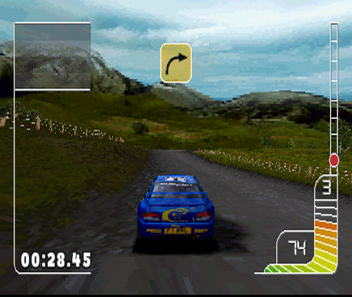 Colin McRae Rally (PlayStation) screenshot: Grassy plains and slopes of New Zealand