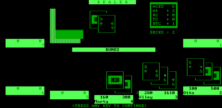 Ken Uston's Professional Blackjack (DOS) screenshot: The discard pile keeps growing... (monochrome)