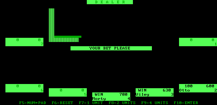 Ken Uston's Professional Blackjack (DOS) screenshot: Won this one! (monochrome)