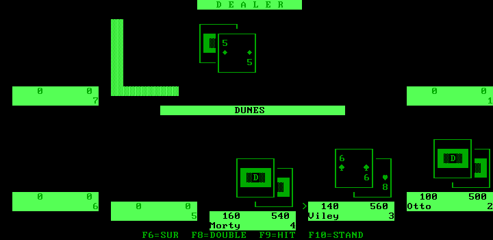 Ken Uston's Professional Blackjack (DOS) screenshot: Taking to the table at the Dunes (monochrome)