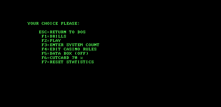 Ken Uston's Professional Blackjack (DOS) screenshot: The main menu (monochrome)