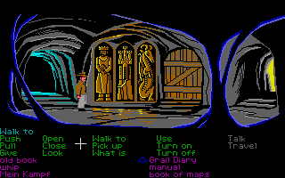 Indiana Jones and the Last Crusade: The Graphic Adventure (Atari ST) screenshot: Do those panels have something to do with that door?