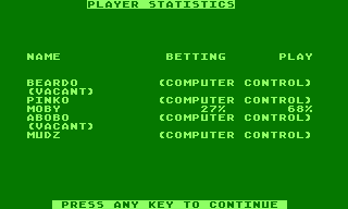 Ken Uston's Professional Blackjack (Atari 8-bit) screenshot: Performance evaluation... not doing too well there.