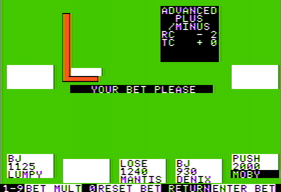 Ken Uston's Professional Blackjack (Apple II) screenshot: Enlisting the help of the data box