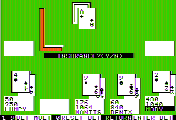 Ken Uston's Professional Blackjack (Apple II) screenshot: Dealer has an ace up - insurance?