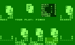 Ken Uston's Professional Blackjack (Atari 8-bit) screenshot: The data box shows each player's best-advised move