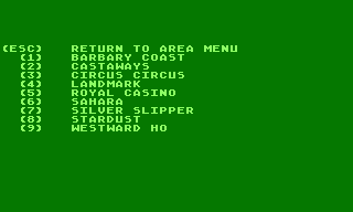 Ken Uston's Professional Blackjack (Atari 8-bit) screenshot: Pick your casino