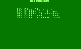 Ken Uston's Professional Blackjack (Atari 8-bit) screenshot: Main menu