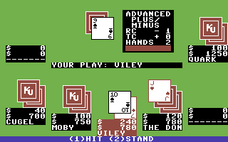 Ken Uston's Professional Blackjack (Commodore 64) screenshot: The optional data box shows you the card counts