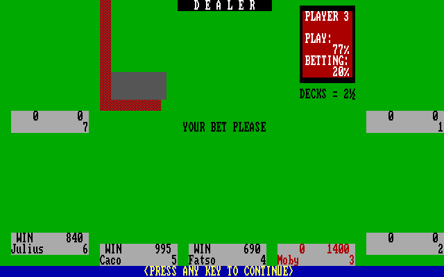 Ken Uston's Professional Blackjack (DOS) screenshot: My stats and rating so far (CGA)