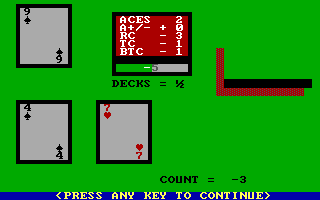 Ken Uston's Professional Blackjack (DOS) screenshot: Another drill - try to count cards during play (CGA)